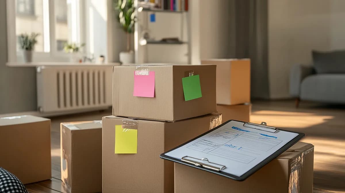 Kartons mit farbigen Etiketten und Checkliste bei der Vorbereitung einer Entrümpelung