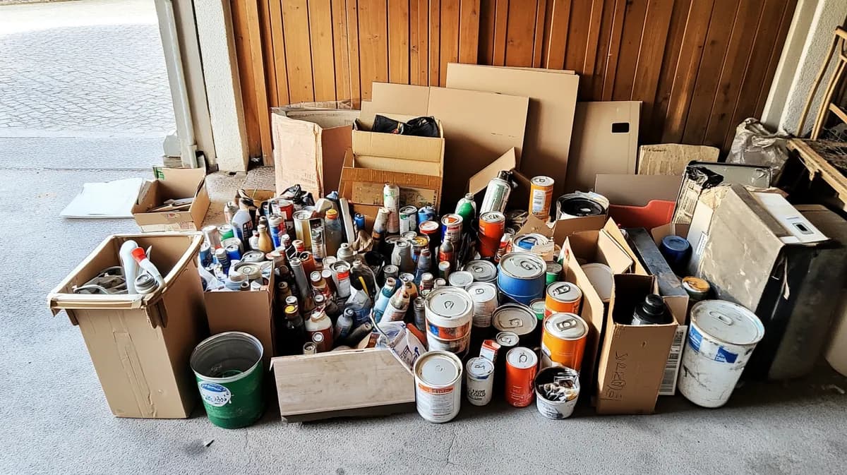 Sondermüll zur Entsorgung: Farbdosen, Spraydosen und Lacke in Kartons gesammelt am Wertstoffhof