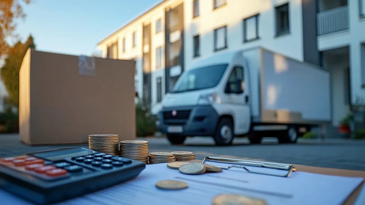 Taschenrechner, Euromünzen und Klemmbrett vor Umzugswagen – Kosten einer Entrümpelung berechnen